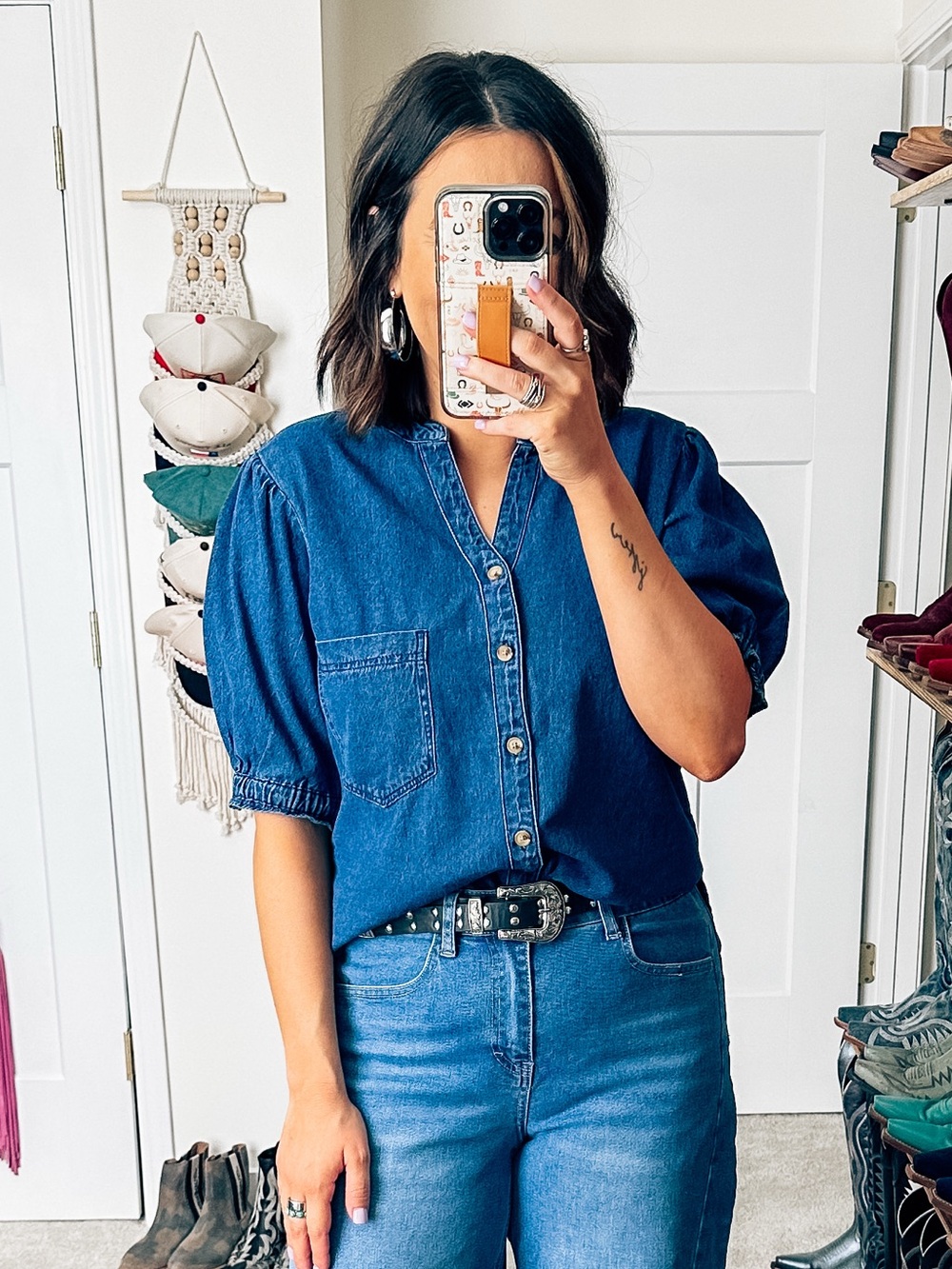 Brand new Denim Button-Up Top in Deep Blue with detailed sleeve